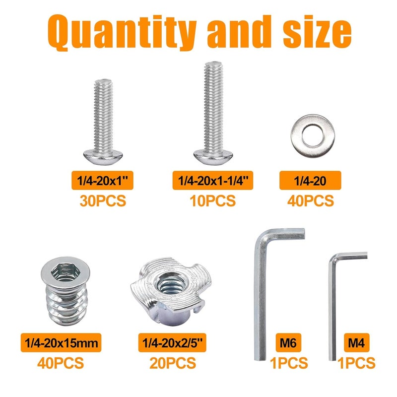 weideer 140PCS 1/4"-20 T-Nuts,1/4"-20 Threaded Inserts for Wood,304 Stainless Steel Bolts,Button Head Hex Socket Bolts with Washers Hex Wrench - Image 2